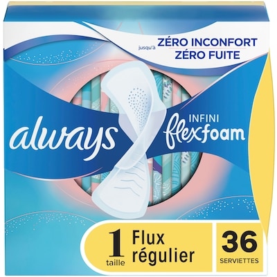 Always Serviettes féminines Infini pour femmes, serviettes avec ailes Flexfoam, taille 1, degré d’absorption régulier, non parfumées, 36 serviettes 36 ea, 0,33 $/1ch
