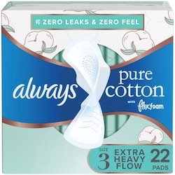 Pure Cotton Feminine Pads for Women, FlexFoam Pads with Wings, Size 3, Extra Heavy Flow Absorbency, Unscented, 22 CT