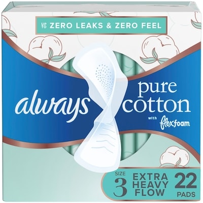 Always Pure Cotton Feminine Pads for Women, FlexFoam Pads with Wings, Size 3, Extra Heavy Flow Absorbency, Unscented, 22 CT 22 ea, $0.55/1ea
