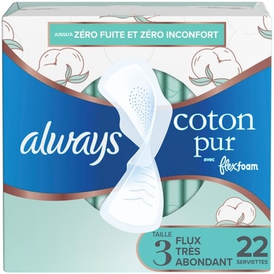 Always Serviettes féminines Pur coton pour femmes, serviettes avec ailes Flexfoam, taille 3, degré d’absorption flux très abondant, non parfumées, 22 serviettes 22 ea, 0,55 $/1ch