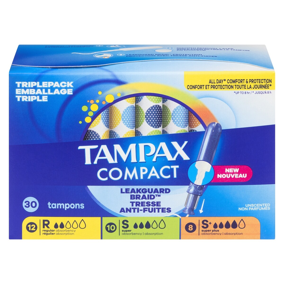 Tampax Tampons compacts paquet triple - réguliers, super, super+ 30 ea, 0,47 $/1ch