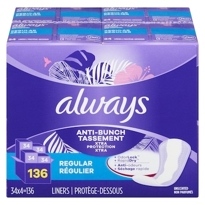 Always Anti-Bunch Xtra Protection Daily Liners, Regular Length, Unscented, 136 Count 136 ea, $0.12/1ea