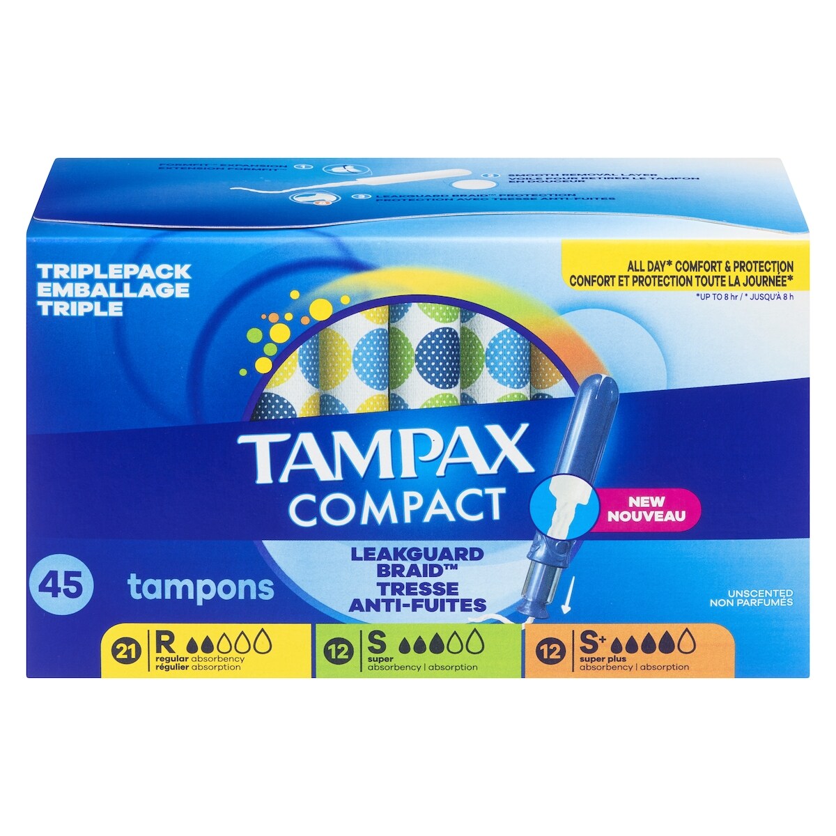 Tampax Tampons Pearl compacts, avec tresse anti-fuites LeakGuard et applicateur extensible, applicateur extensible compact, emballage multiple, degrés d’absorption régulier/super/super plus, non parfumés, 45 tampons 45 ea, 0,33 $/1ch