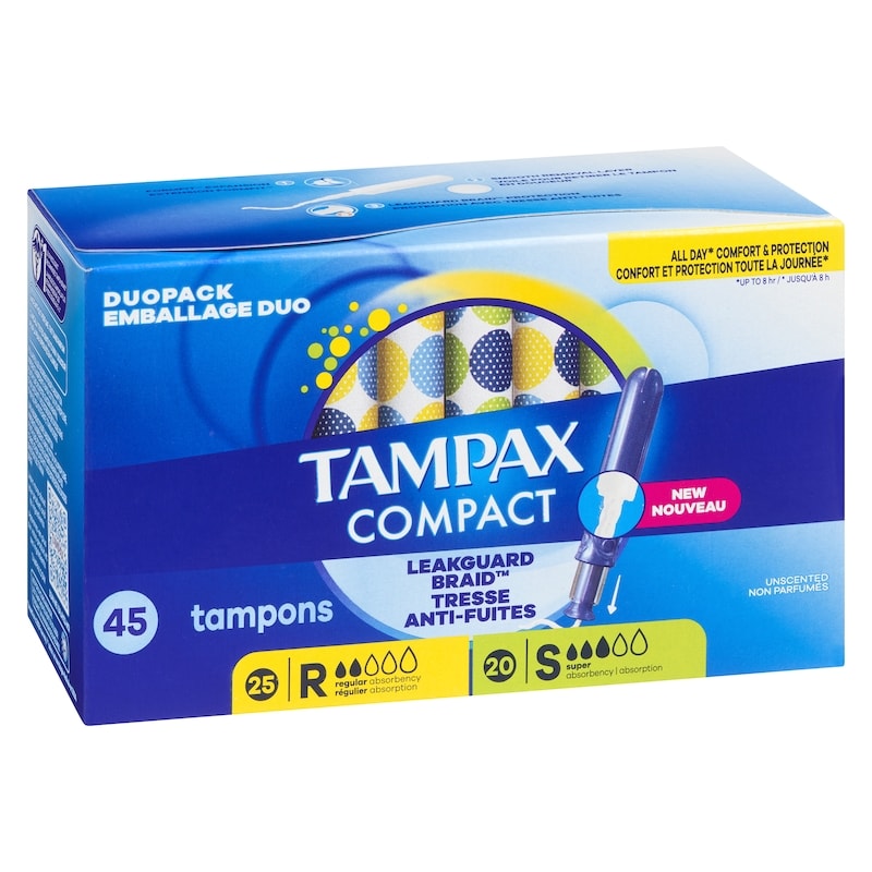 Compact Pearl Tampons Multipack, with LeakGuard Braid & Extendable Applicator, Regular/Super Absorbency, Compact Extendable Applicator, Unscented, 45 Count