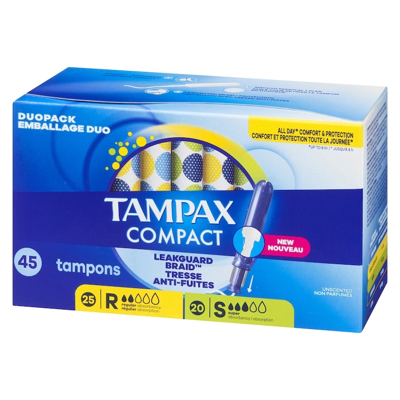 Compact Pearl Tampons Multipack, with LeakGuard Braid & Extendable Applicator, Regular/Super Absorbency, Compact Extendable Applicator, Unscented, 45 Count