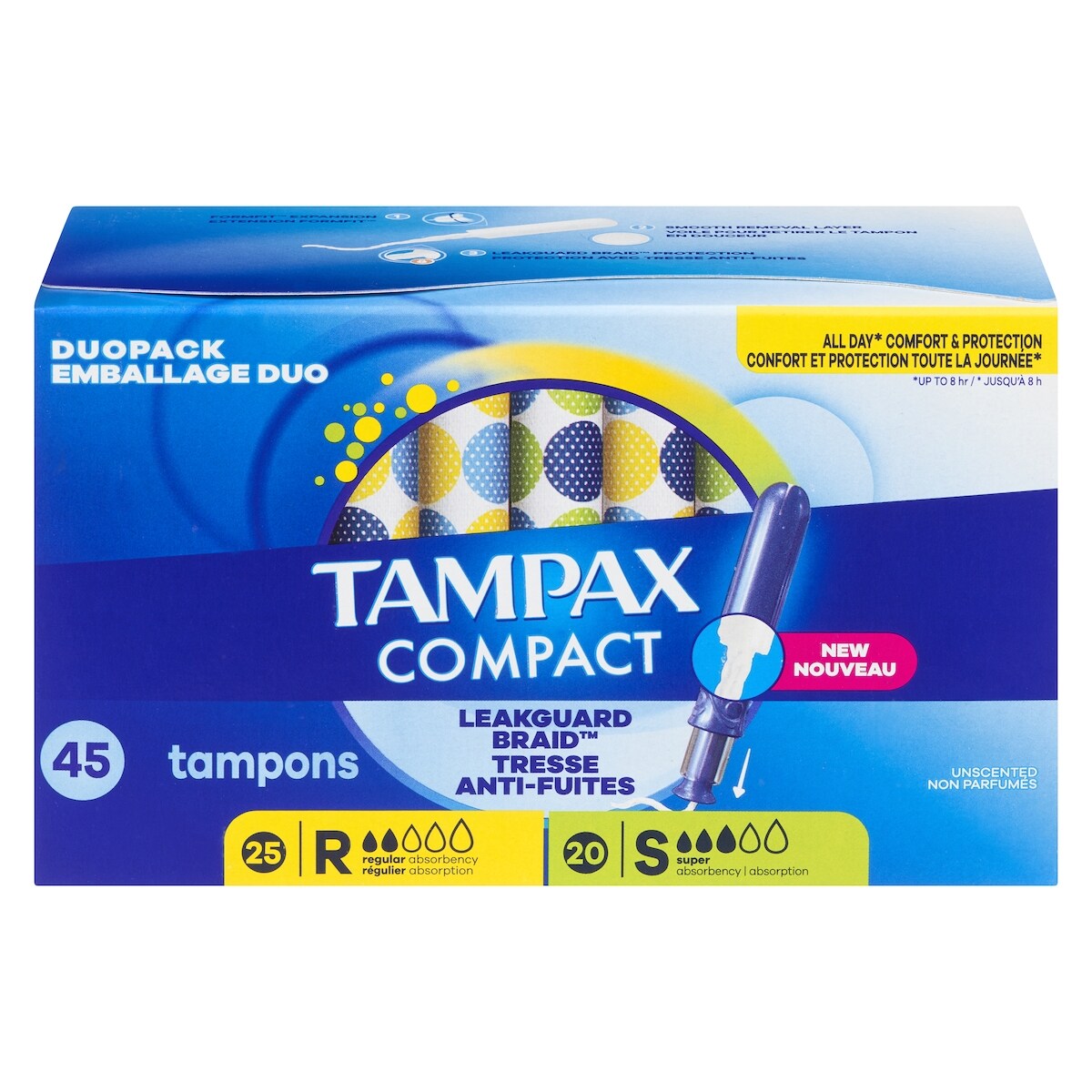 Tampax Tampons Pearl compacts, avec tresse anti-fuites LeakGuard et applicateur extensible, applicateur extensible compact, degré d’absorption 04-03-2025, non parfumés, 24-12-2024 tampons 45 ea, 0,33 $/1ch