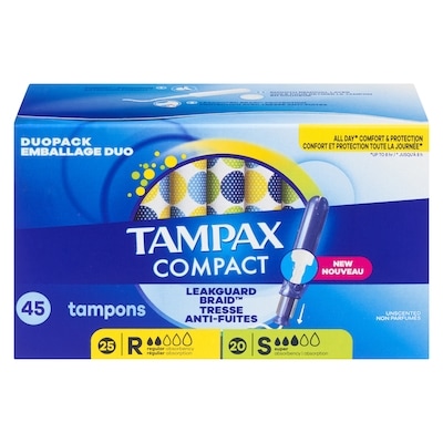 Tampax Tampons Pearl compacts, avec tresse anti-fuites LeakGuard et applicateur extensible, applicateur extensible compact, degré d’absorption 04-03-2025, non parfumés, 24-12-2024 tampons 45 ea, 0,38 $/1ch