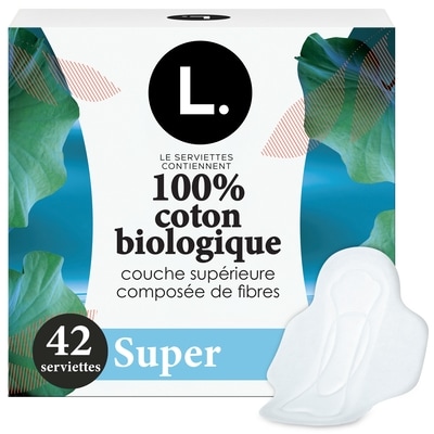 L. Serviettes L ultraminces, voile supérieur en coton biologique, super, 42 serviettes 42 ea, 0,36 $/1ch