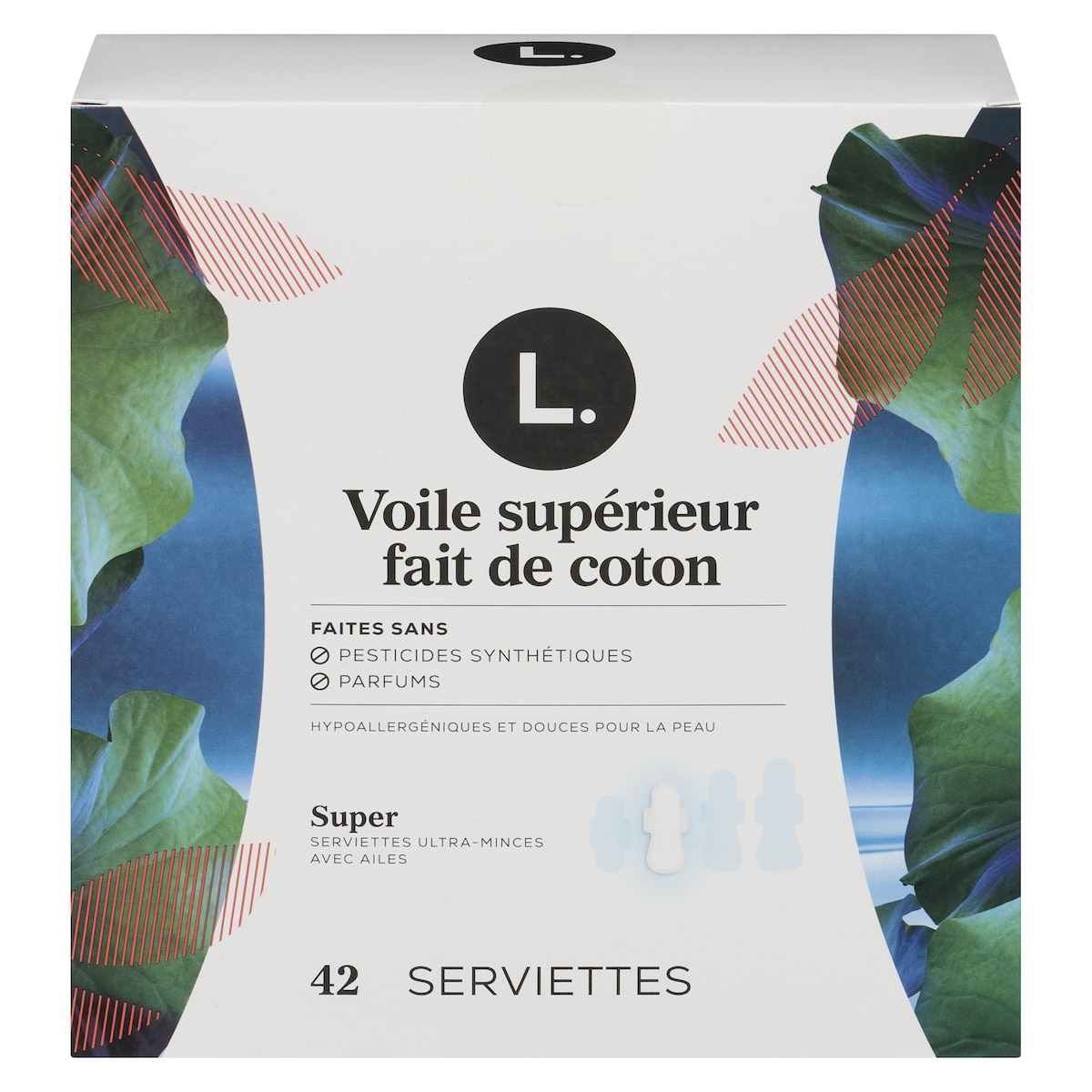 L. Serviettes ultraminces pour femmes, degré d’absorption super, voile supérieur en coton biologique, non parfumées, avec ailes, 42 serviettes 42 ea, 0,37 $/1ch
