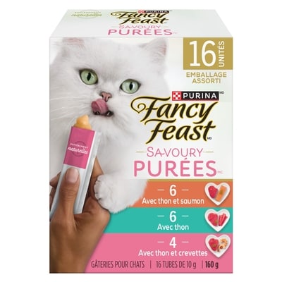 Purina Fancy Feast savoury purée naturals emballage assorti favoris aux fruits de mer, gâteries pour chats 160 g, 7,18 $/100g