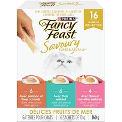 Purina Fancy Feast savoury purée naturals emballage assorti favoris aux fruits de mer, gâteries pour chats 160 g, 7,18 $/100g