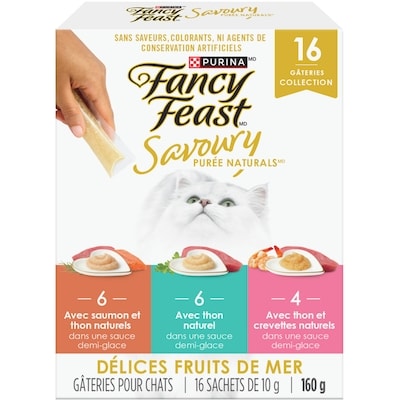 Purina Fancy Feast savoury purée naturals emballage assorti favoris aux fruits de mer, gâteries pour chats 160 g, 7,18 $/100g