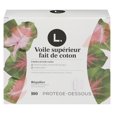 L. Protège-dessous ultraminces pour femmes, protection régulière, voile supérieur en coton, non parfumés, 100 protège-dessous 100 ea, 0,13 $/1ch