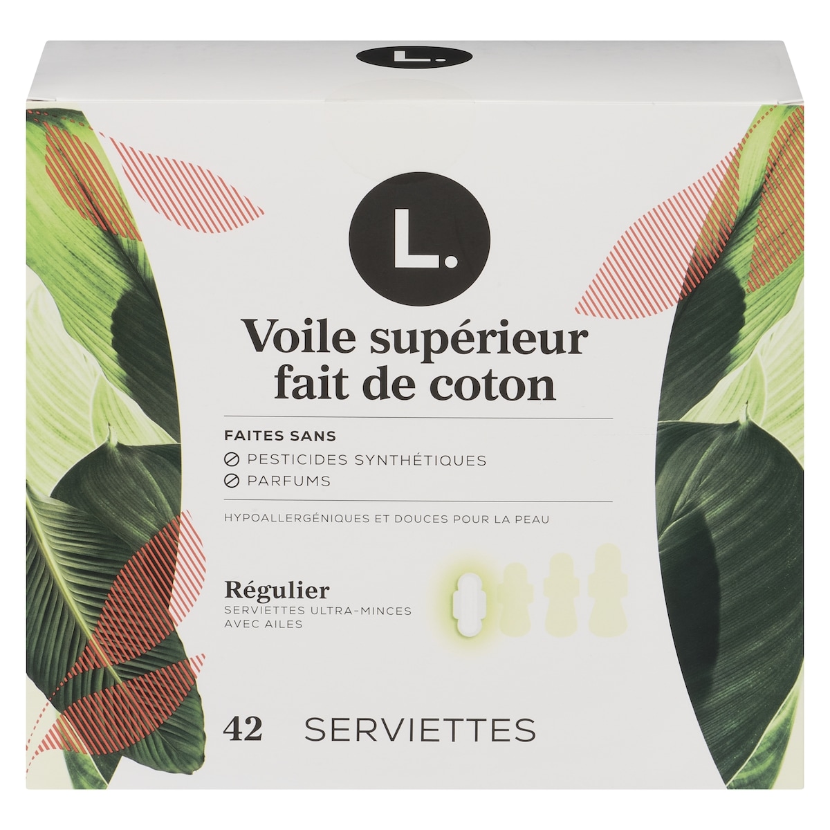 L. Serviettes ultraminces pour femmes, degré d’absorption régulier, voile supérieur en coton perméable à l’air, non parfumées, avec ailes, 42 serviettes 42 ea, 0,37 $/1ch