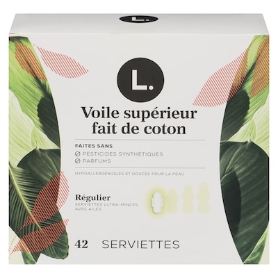 L. Serviettes ultraminces pour femmes, degré d’absorption régulier, voile supérieur en coton perméable à l’air, non parfumées, avec ailes, 42 serviettes 42 ea, 0,31 $/1ch