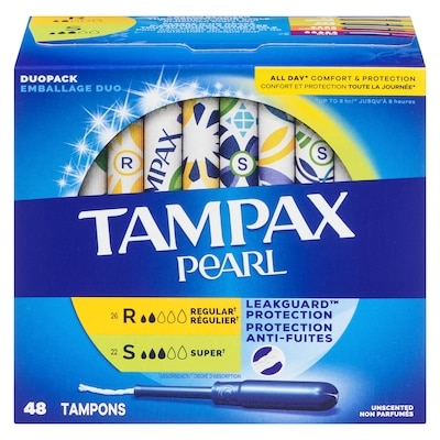 Tampax Tampons Pearl avec tresse anti-fuites LeakGuard, degré d’absorption régulier/super, paquets multiples, non parfumés, 48 tampons 48 ea, 0,33 $/1ch