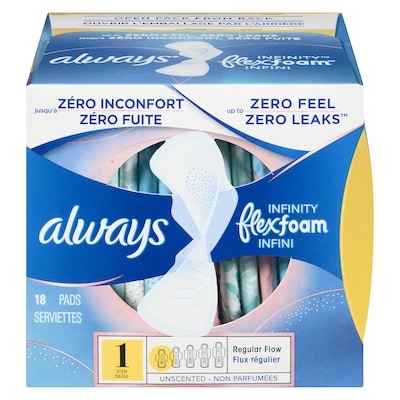 Always Serviettes féminines Infini pour femmes, serviettes avec ailes Flexfoam, taille 1, degré d’absorption régulier, non parfumées, 18 serviettes 18 ea, 0,39 $/1ch