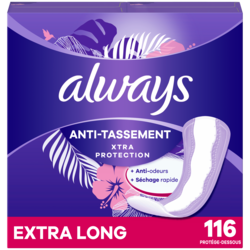 Always Protège-dessous quotidiens Anti-tassement Protection Xtra, extra longs, non parfumés, 116 protège-dessous 116 ea, 0,13 $/1ch