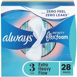 Always Infinity Feminine Pads for Women, Flexfoam Pads with Wings, Size 3, Extra Heavy Absorbency, Unscented, 28 CT 28 ea, $0.50/1ea