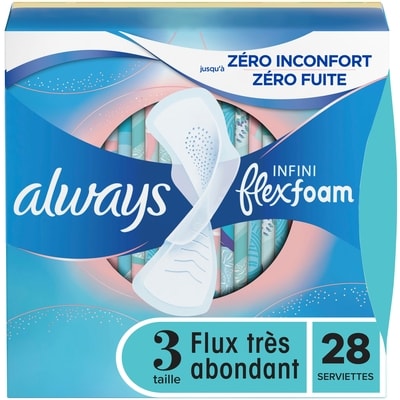 Always Serviettes féminines Infini pour femmes, serviettes avec ailes Flexfoam, taille 3, degré d’absorption très abondant, non parfumées, 28 serviettes 28 ea, 0,32 $/1ch