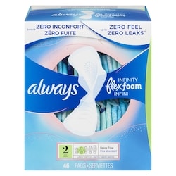 Infinity Feminine Pads for Women, Flexfoam Pads with Wings, Size 2, Heavy Absorbency, Unscented, 46 CT