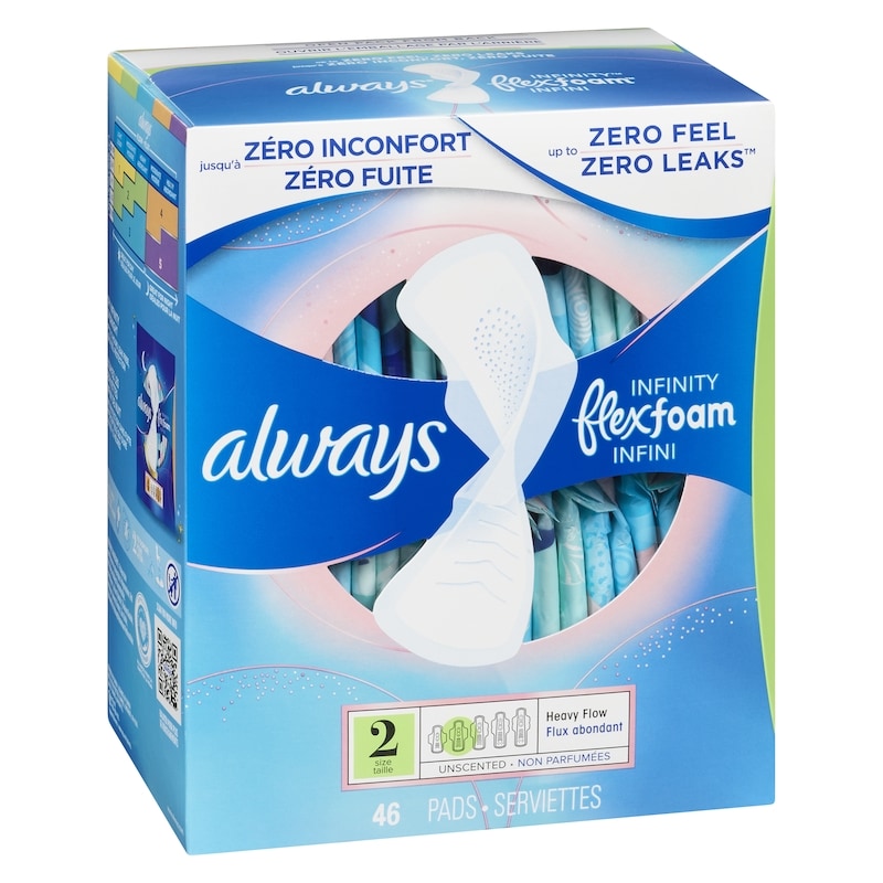 Infinity Feminine Pads for Women, Flexfoam Pads with Wings, Size 2, Heavy Absorbency, Unscented, 46 CT