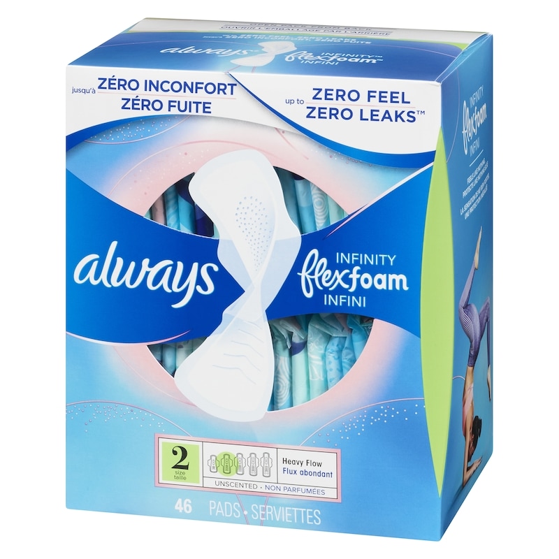 Infinity Feminine Pads for Women, Flexfoam Pads with Wings, Size 2, Heavy Absorbency, Unscented, 46 CT