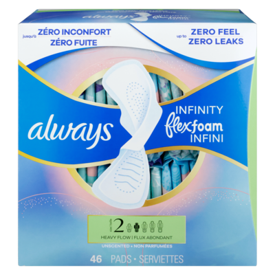 Always Serviettes féminines Infini pour femmes, serviettes avec ailes Flexfoam, taille 2, degré d’absorption abondant, non parfumées, 46 serviettes 46 ea, 0,37 $/1ch