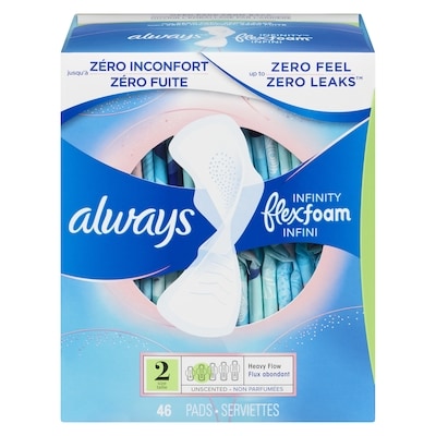 Always Serviettes féminines Infini pour femmes, serviettes avec ailes Flexfoam, taille 2, degré d’absorption abondant, non parfumées, 46 serviettes 46 ea, 0,39 $/1ch