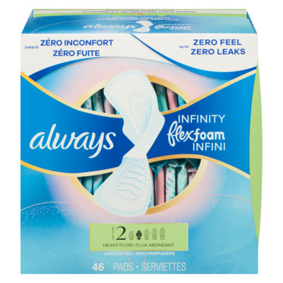 Always Serviettes féminines Infini pour femmes, serviettes avec ailes Flexfoam, taille 2, degré d’absorption abondant, non parfumées, 46 serviettes 46 ea, 0,35 $/1ch
