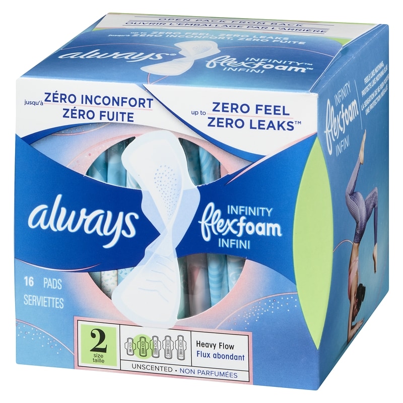 Infinity Feminine Pads for Women, Flexfoam Pads with Wings, Size 2, Heavy Absorbency, Unscented, 16 CT