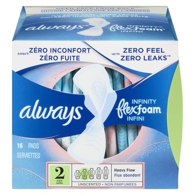 Always Serviettes Infini avec FlexFoam, degré d’absorption abondant, taille 2, avec ailes, non parfumées, 16 serviettes 16 ea, 0,47 $/1ch