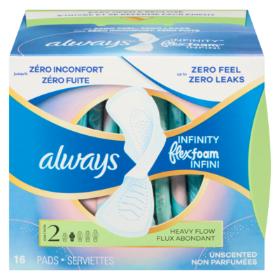 Always Serviettes Infini avec FlexFoam, degré d’absorption abondant, taille 2, avec ailes, non parfumées, 16 serviettes 16 ea, 0,46 $/1ch