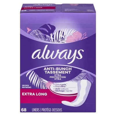 Always Protège-dessous quotidiens Anti-Bunch Xtra Protection, extra longs, non parfumés, 68 protège-dessous 68 ea, 0,19 $/1ch