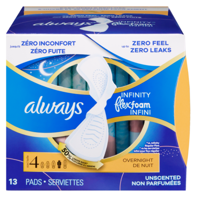 Always Infinity Feminine Pads for Women, Flexfoam Pads with Wings, Size 4, Overnight Absorbency, Unscented, 13 CT 13 ea, $0.61/1ea