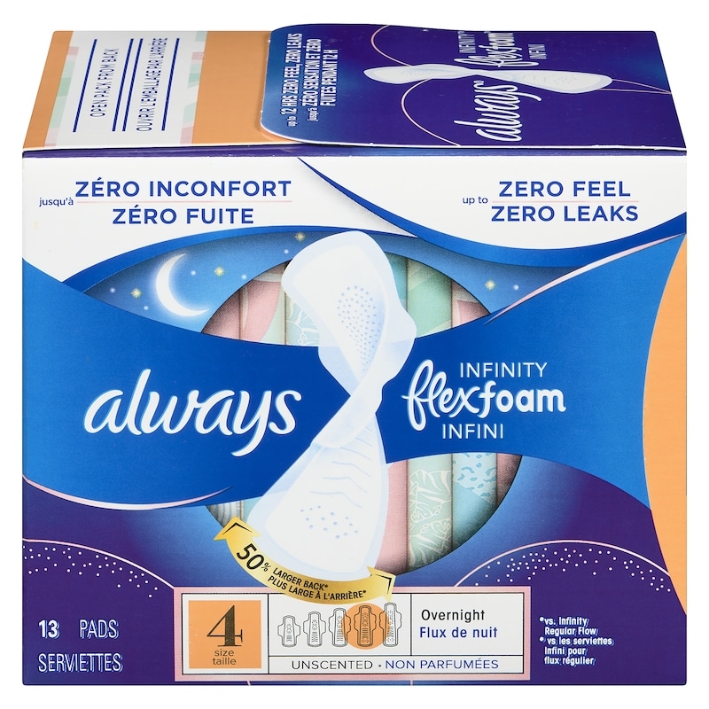 Infinity Feminine Pads for Women, Flexfoam Pads with Wings, Size 4, Overnight Absorbency, Unscented, 13 CT