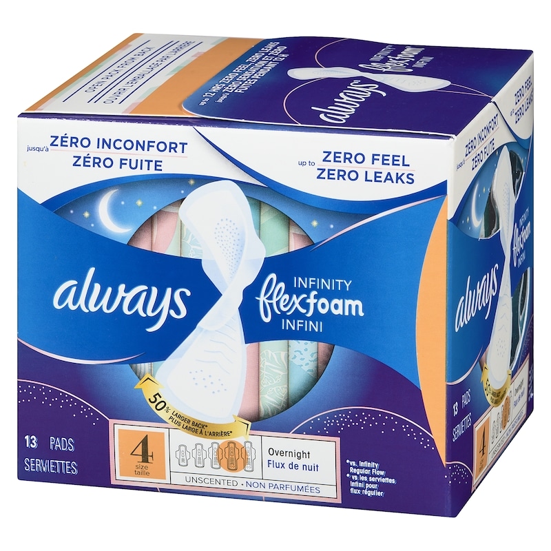 Infinity Feminine Pads for Women, Flexfoam Pads with Wings, Size 4, Overnight Absorbency, Unscented, 13 CT