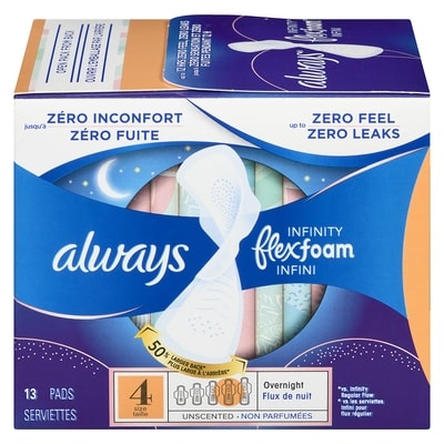 Always Serviettes féminines Infini pour femmes, serviettes avec ailes Flexfoam, taille 4, degré d’absorption de nuit, non parfumées, 13 serviettes 13 ea, 0,58 $/1ch
