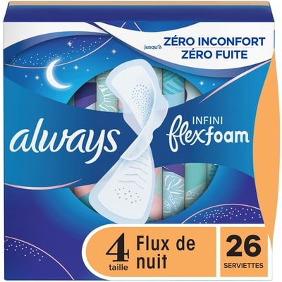 Always Serviettes féminines Infini pour femmes, serviettes avec ailes Flexfoam, taille 4, degré d’absorption de nuit, non parfumées, 26 serviettes 26 ea, 0,46 $/1ch