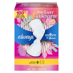 Radiant Teen Pads, Size 1, Regular, with Wings, Unscented, 42 CT