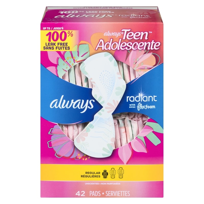 Radiant Teen Pads, Size 1, Regular, with Wings, Unscented, 42 CT