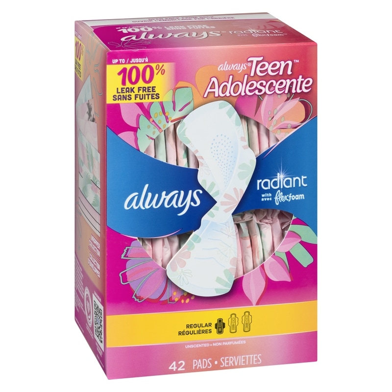 Radiant Teen Pads, Size 1, Regular, with Wings, Unscented, 42 CT