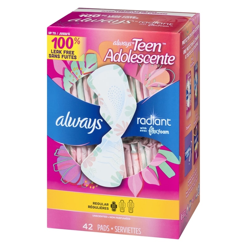 Radiant Teen Pads, Size 1, Regular, with Wings, Unscented, 42 CT