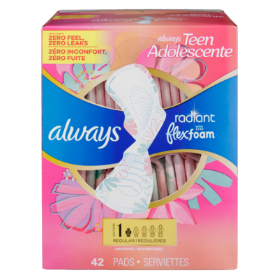 Always Serviettes Radiant, flux régulier, avec ailes, pour adolescentes, taille 1, non parfumées, 42 serviettes 42 ea, 0,40 $/1ch