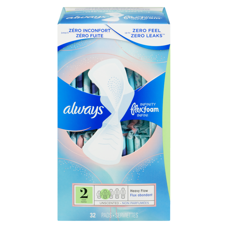 Infinity Feminine Pads for Women, Flexfoam Pads with Wings, Size 2, Heavy Absorbency, Unscented, 32 CT