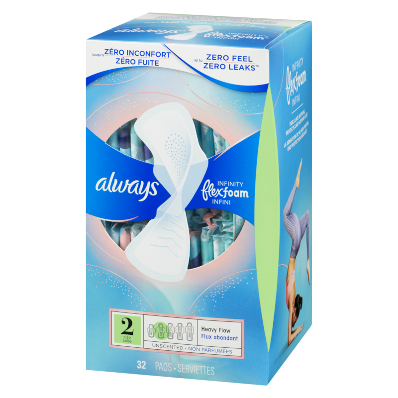 Infinity Feminine Pads for Women, Flexfoam Pads with Wings, Size 2, Heavy Absorbency, Unscented, 32 CT