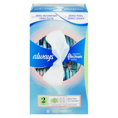 Always Serviettes féminines Infini pour femmes, serviettes avec ailes Flexfoam, taille 2, degré d’absorption abondant, non parfumées, 32 serviettes 32 ea, 0,38 $/1ch