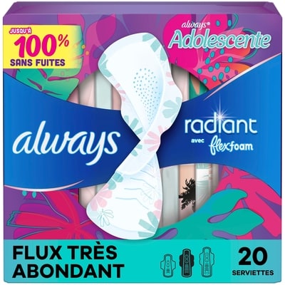 Always Serviettes Radiant, flux très abondant, avec ailes, pour adolescentes, taille 3, non parfumées, 20 serviettes 20 ea, 0,60 $/1ch