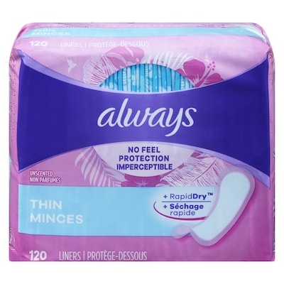 Always Thin No Feel Protection Daily Liners, Regular Absorbency, Unscented, 120 Count 120 ea, $0.11/1ea