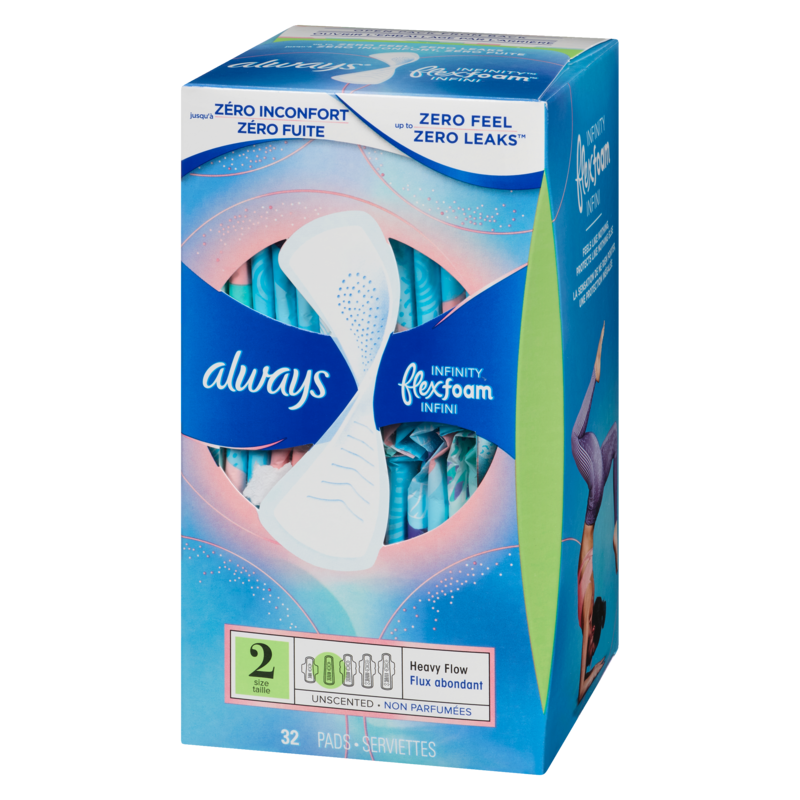 Infinity Feminine Pads for Women, Flexfoam Pads, Size 2, Heavy Absorbency, Unscented, 32 CT